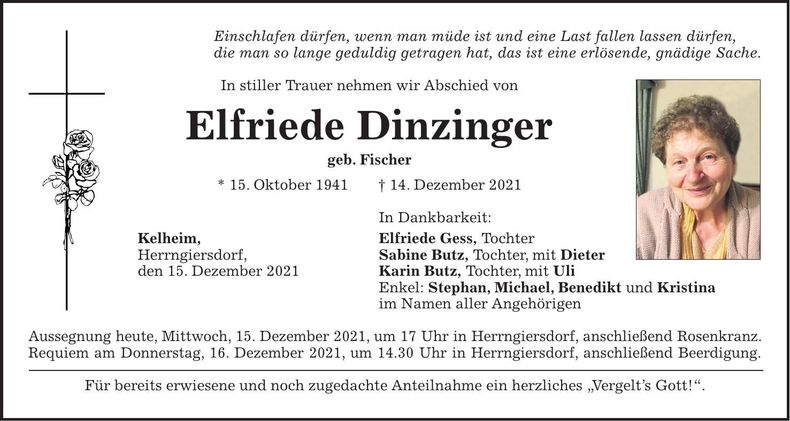 Traueranzeige Elfriede Dinzinger
