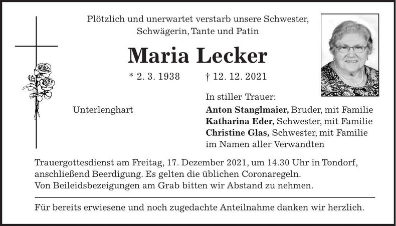 Traueranzeige Maria Lecker