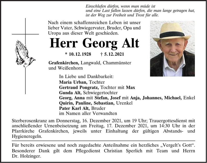 Traueranzeige Georg Alt