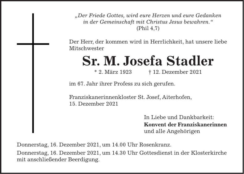 Traueranzeige Sr. M. Josefa Stadler Stadler