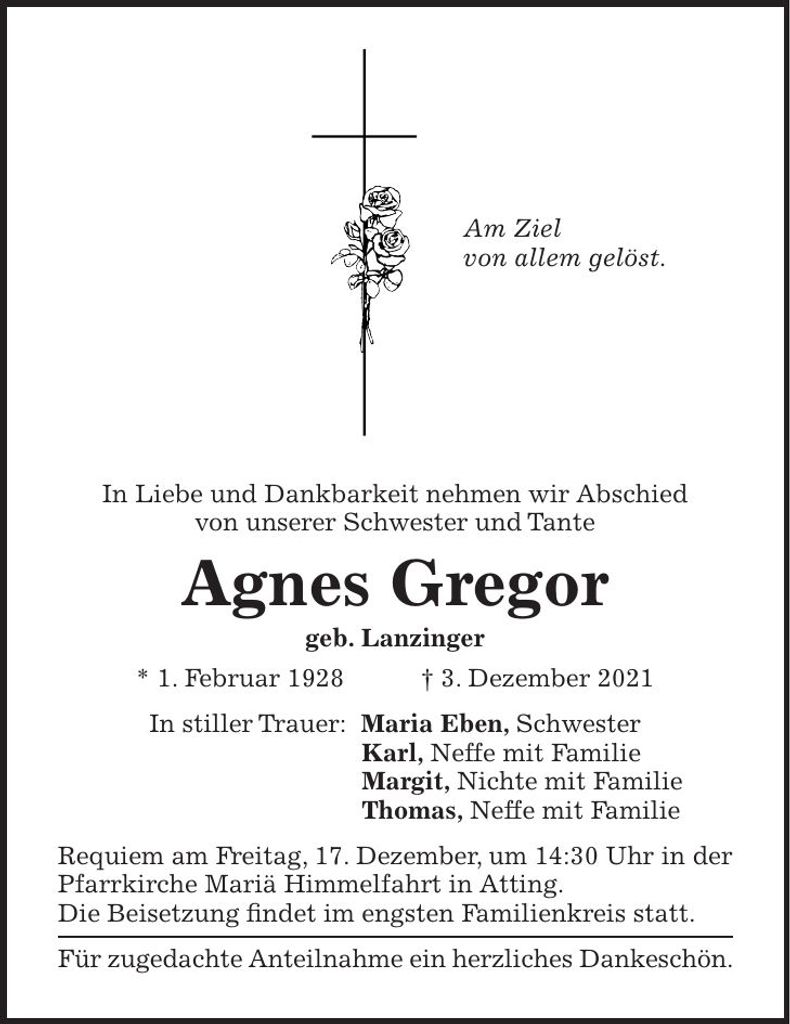 Traueranzeige Agnes Gregor