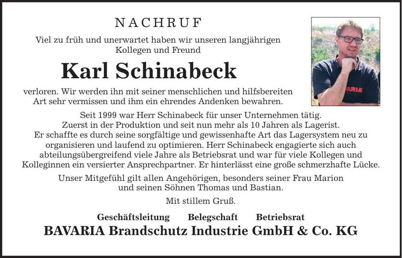 Traueranzeige Karl Schinabeck