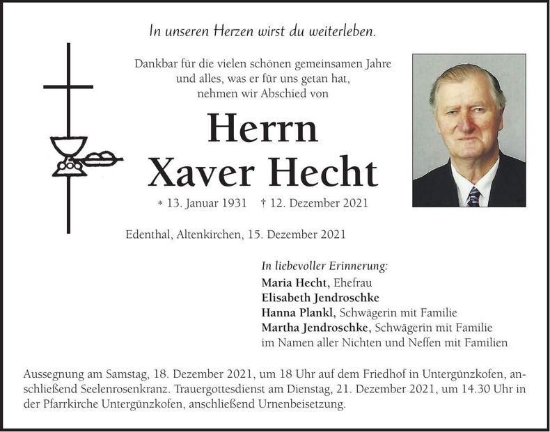 Traueranzeige Xaver Hecht
