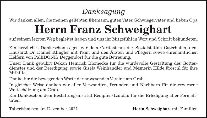 Traueranzeige Franz Schweighart