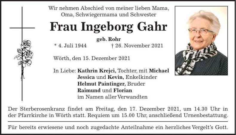 Traueranzeige Ingeborg Gahr