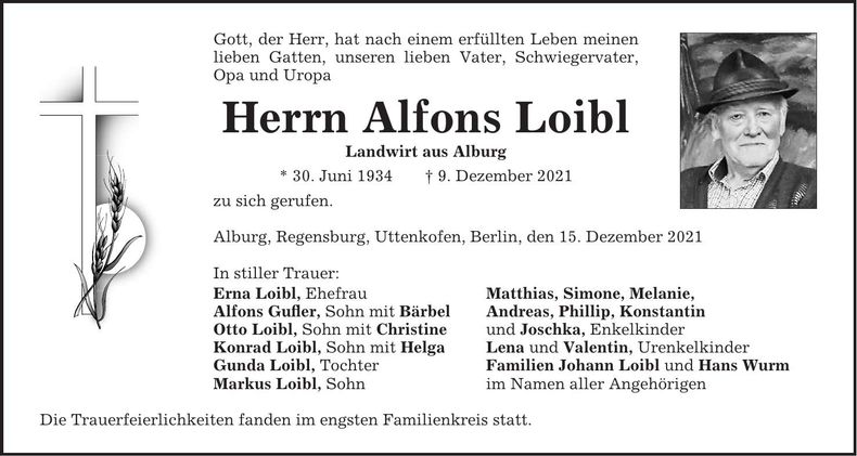 Traueranzeige Alfons Loibl