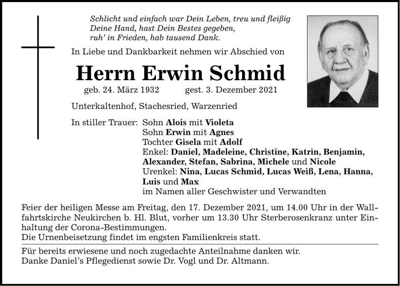 Traueranzeige Erwin Schmid