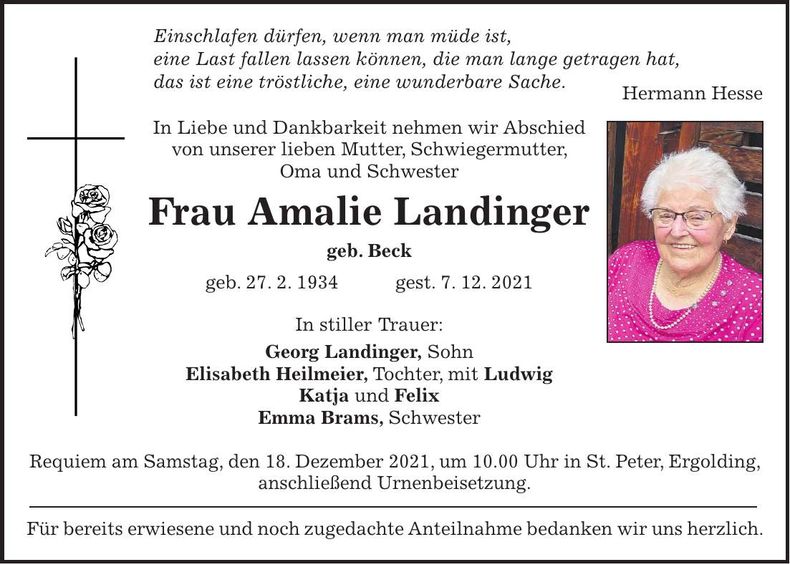 Traueranzeige Amalie Landinger