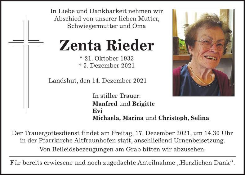 Traueranzeige Zenta Rieder
