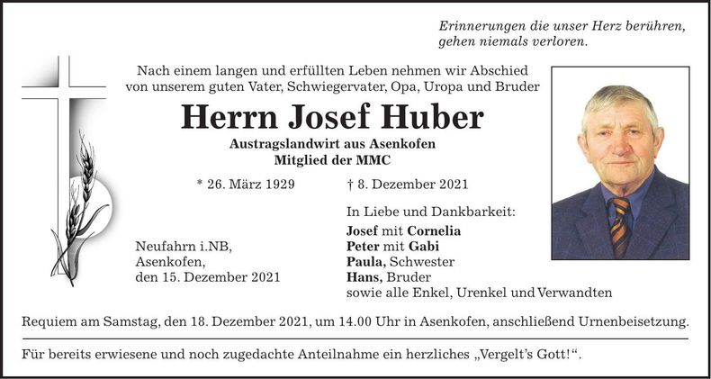 Traueranzeige Josef Huber