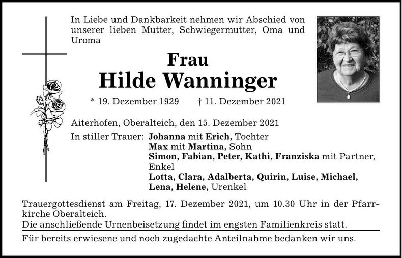 Traueranzeige Hilde Wanninger