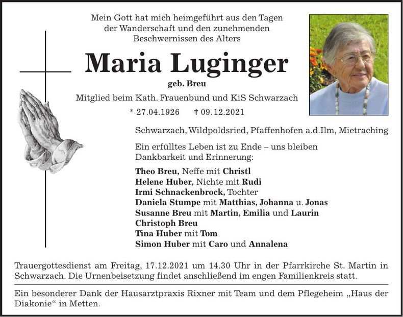Traueranzeige Maria Luginger