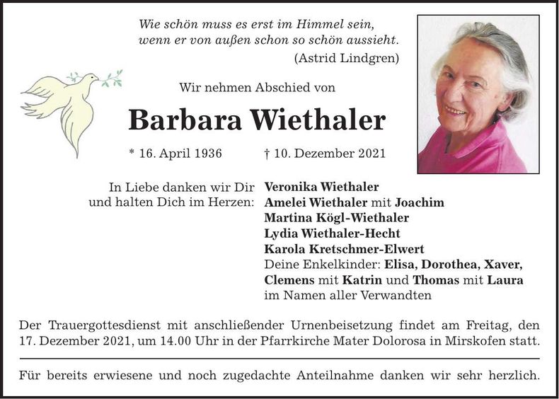 Traueranzeige Barbara Wiethaler