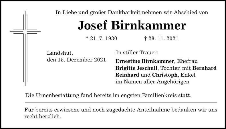 Traueranzeige Josef Birnkammer