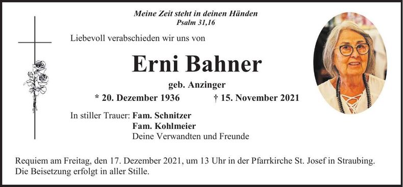 Traueranzeige Erni Bahner