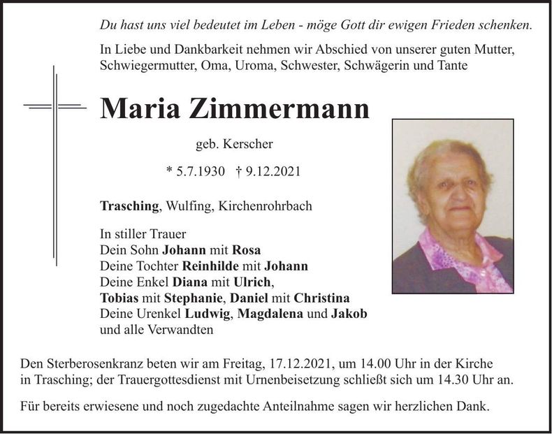 Traueranzeige Maria Zimmermann
