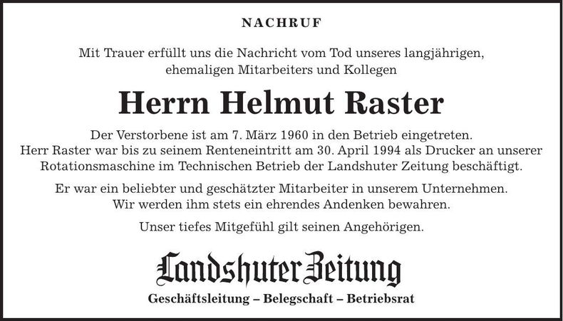 Traueranzeige Helmut Raster