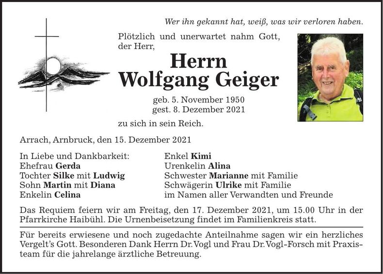 Traueranzeige Wolfgang Geiger