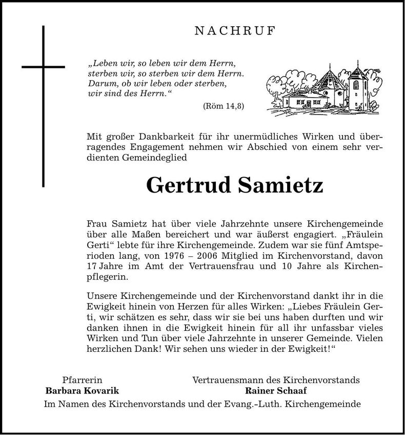 Traueranzeige Gertrud Samietz
