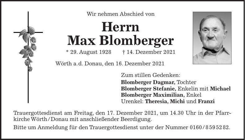 Traueranzeige Max Blomberger