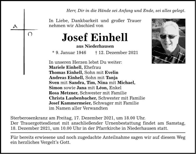 Traueranzeige Josef Einhell