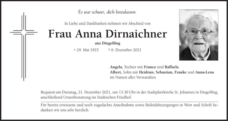 Traueranzeige Anna Dirnaichner