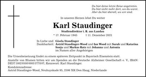 Traueranzeige Karl Staudinger
