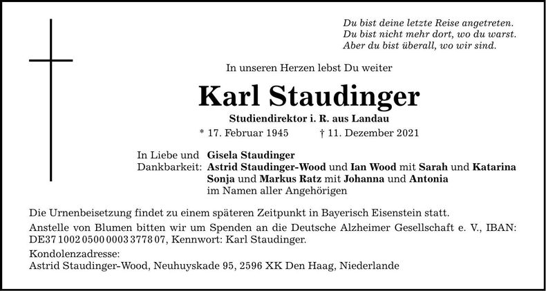 Traueranzeige Karl Staudinger