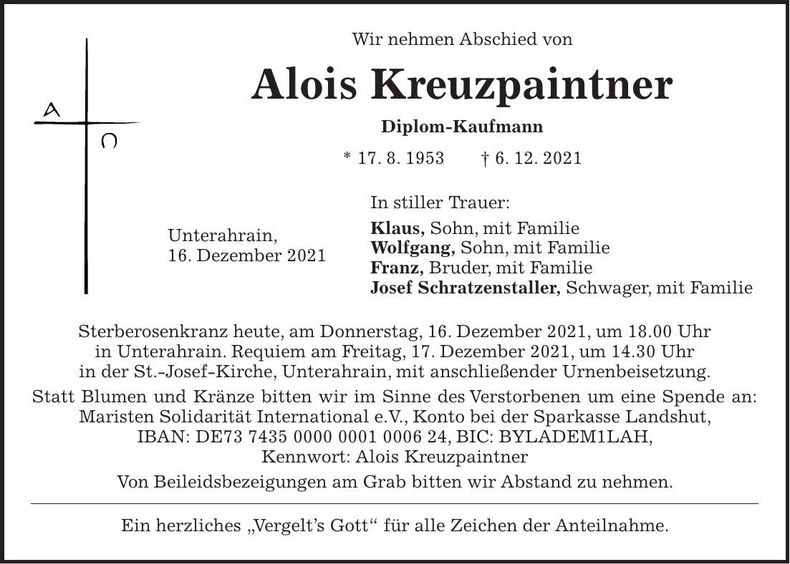 Traueranzeige Alois Kreuzpaintner