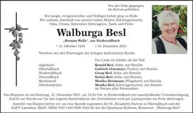 Traueranzeige Walburga Besl