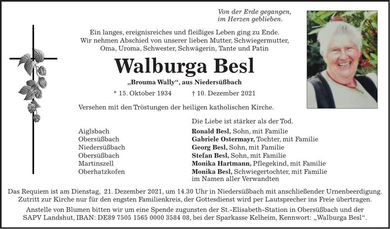 Traueranzeige Walburga Besl