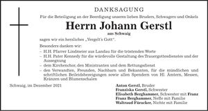 Traueranzeige Johann Gerstl
