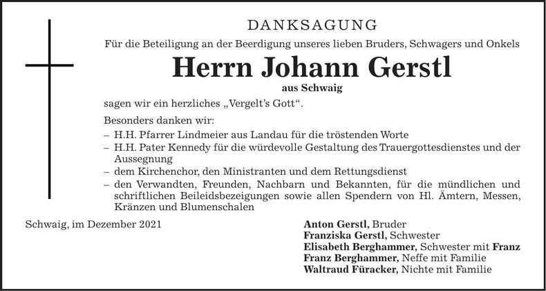 Traueranzeige Johann Gerstl