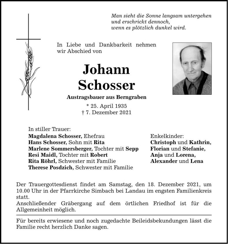Traueranzeige Johann Schosser