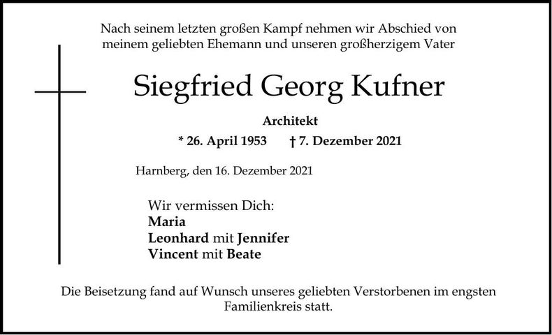 Traueranzeige Siegfried Georg Kufner