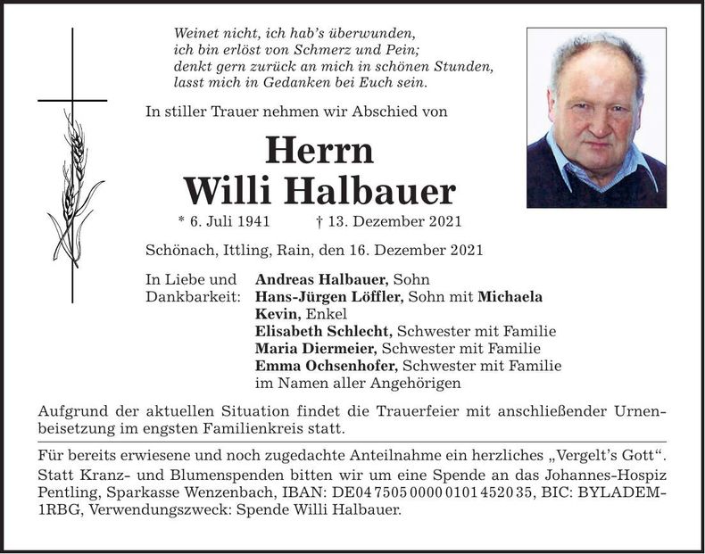 Traueranzeige Willi Halbauer