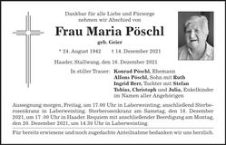 Traueranzeige Maria Pöschl