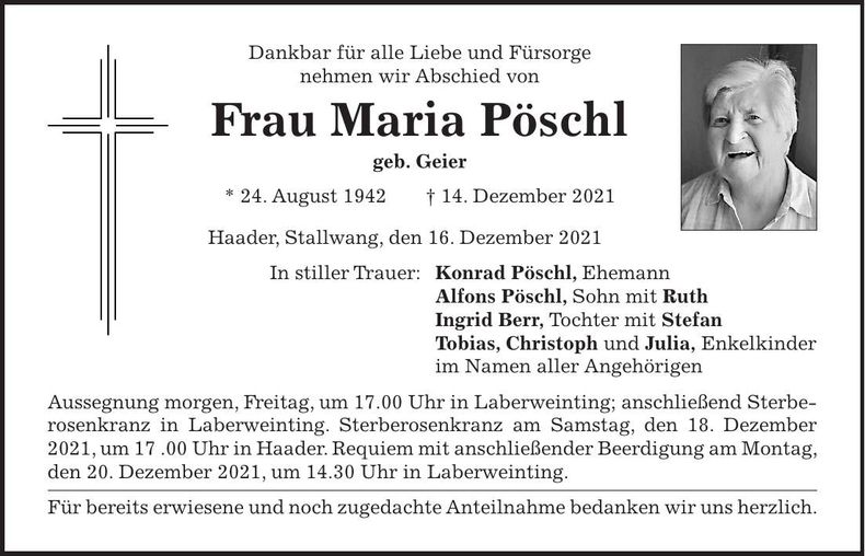 Traueranzeige Maria Pöschl