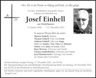 Traueranzeige Josef Einhell