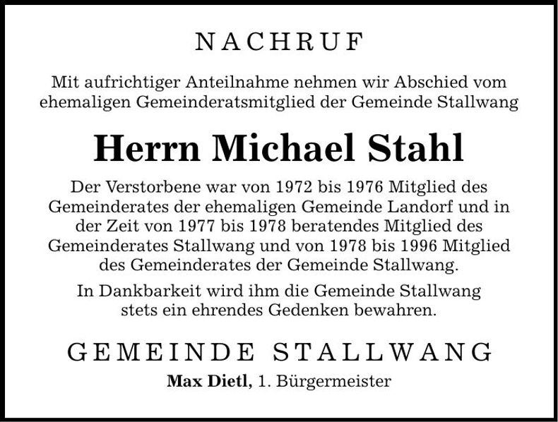 Traueranzeige Michael Stahl