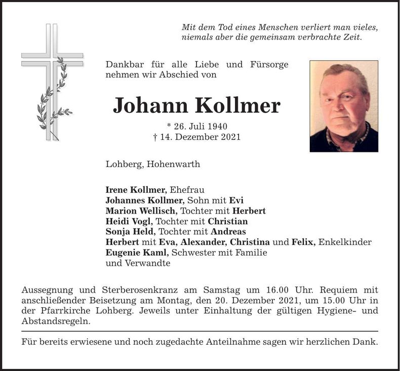 Traueranzeige Johann Kollmer