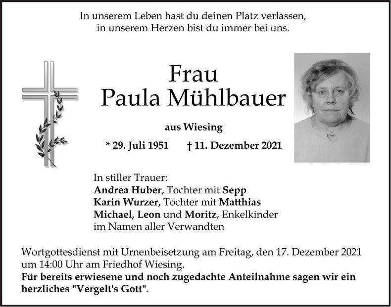 Traueranzeige Paula Mühlbauer