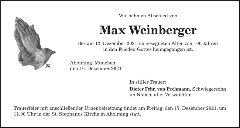 Traueranzeige Max Weinberger