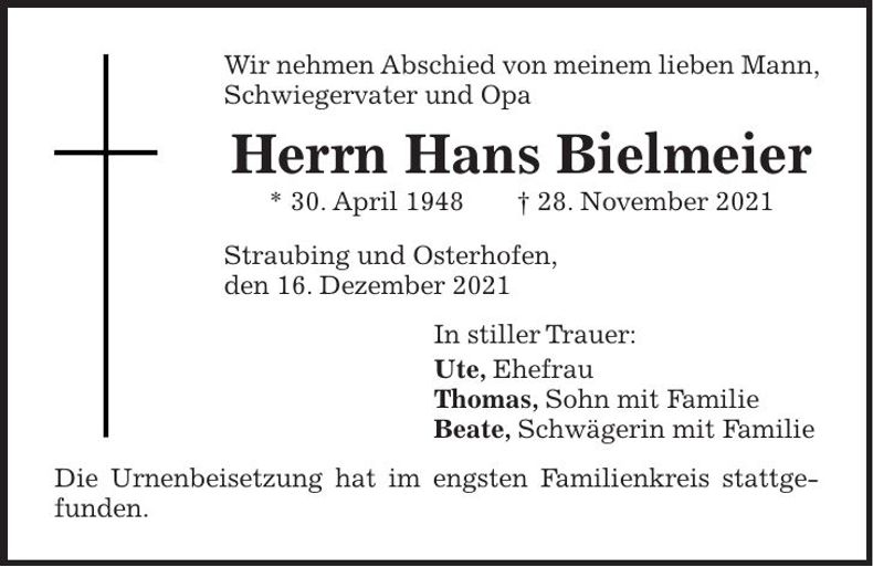 Traueranzeige Hans Bielmeier