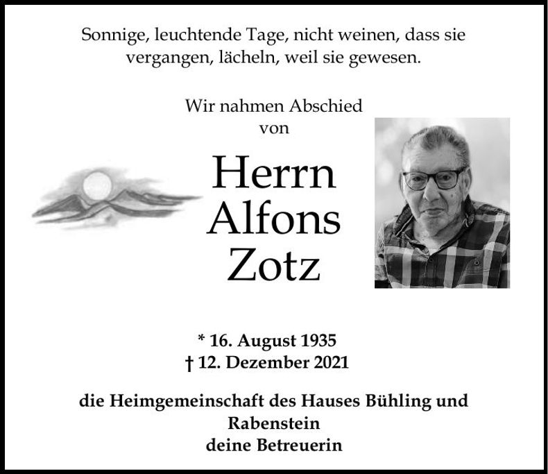 Traueranzeige Alfons Zotz