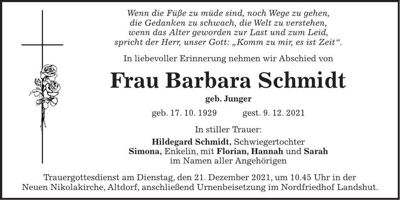 Traueranzeige Barbara Schmidt