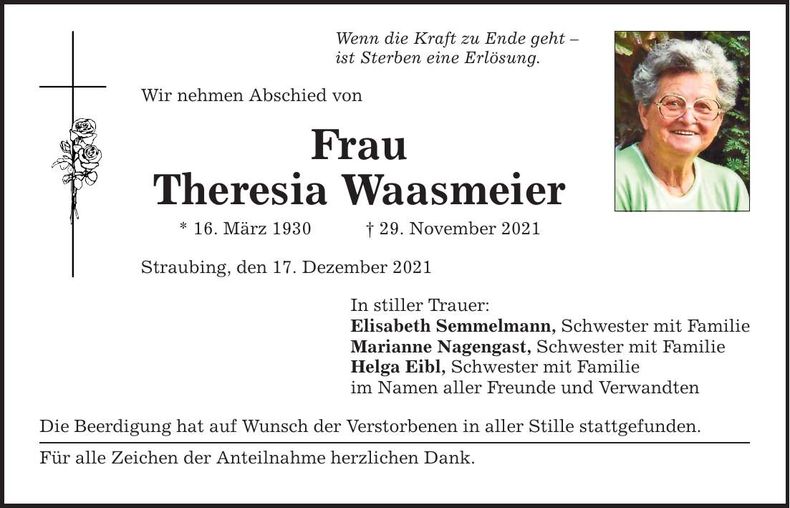 Traueranzeige Theresia Waasmeier