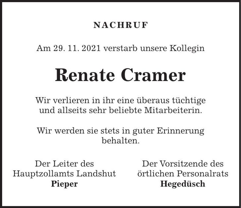 Traueranzeige Renate Cramer