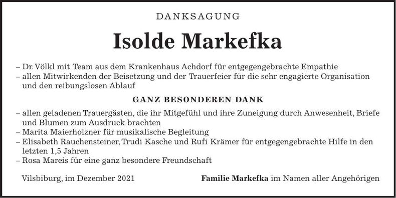Traueranzeige Isolde Brigitte Markefka