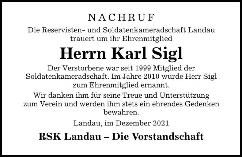 Traueranzeige Karl Sigl